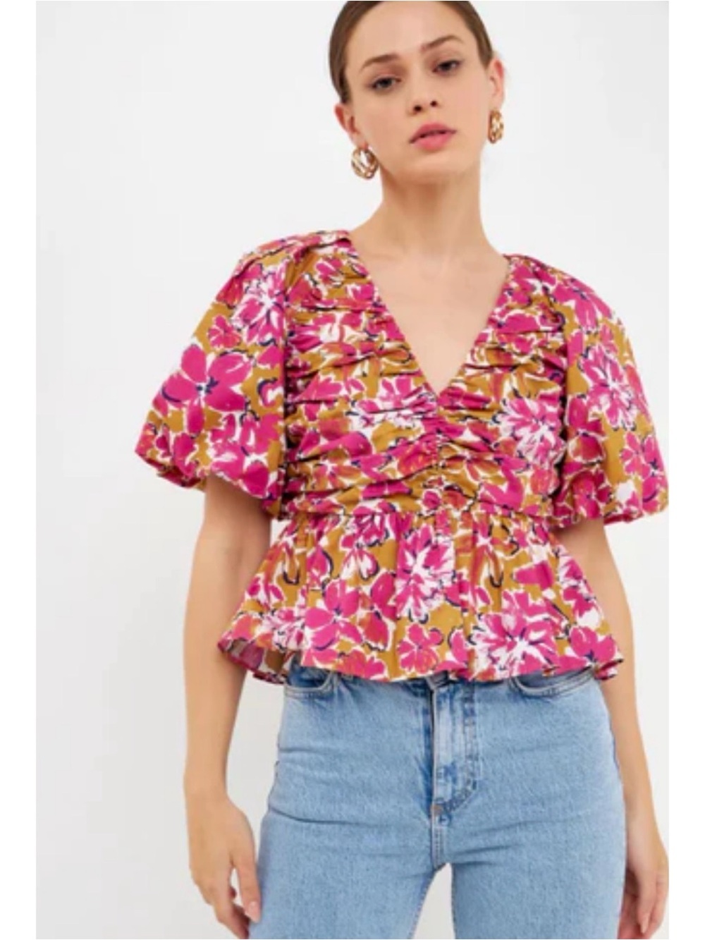 Endless Rose Floral Ruched Crop Peplum Blouse Size XS